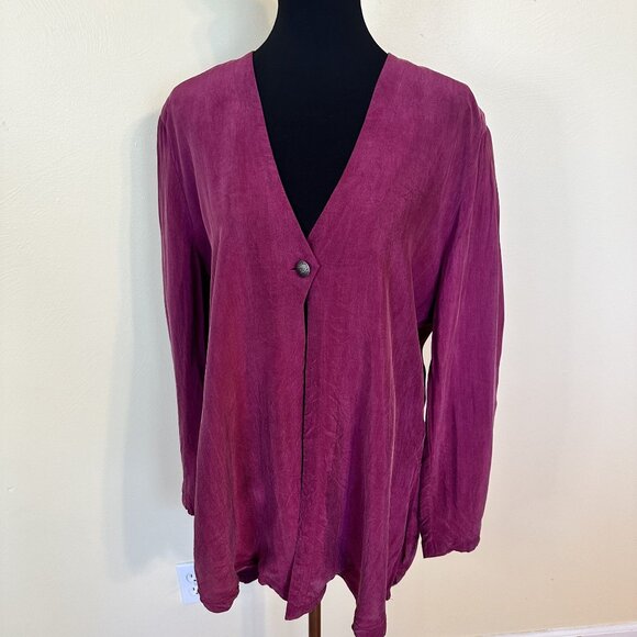 Vintage Womens Magenta Button Front Rayon Cardigan Blouse Top Pink Flowy Boho - Picture 2 of 8